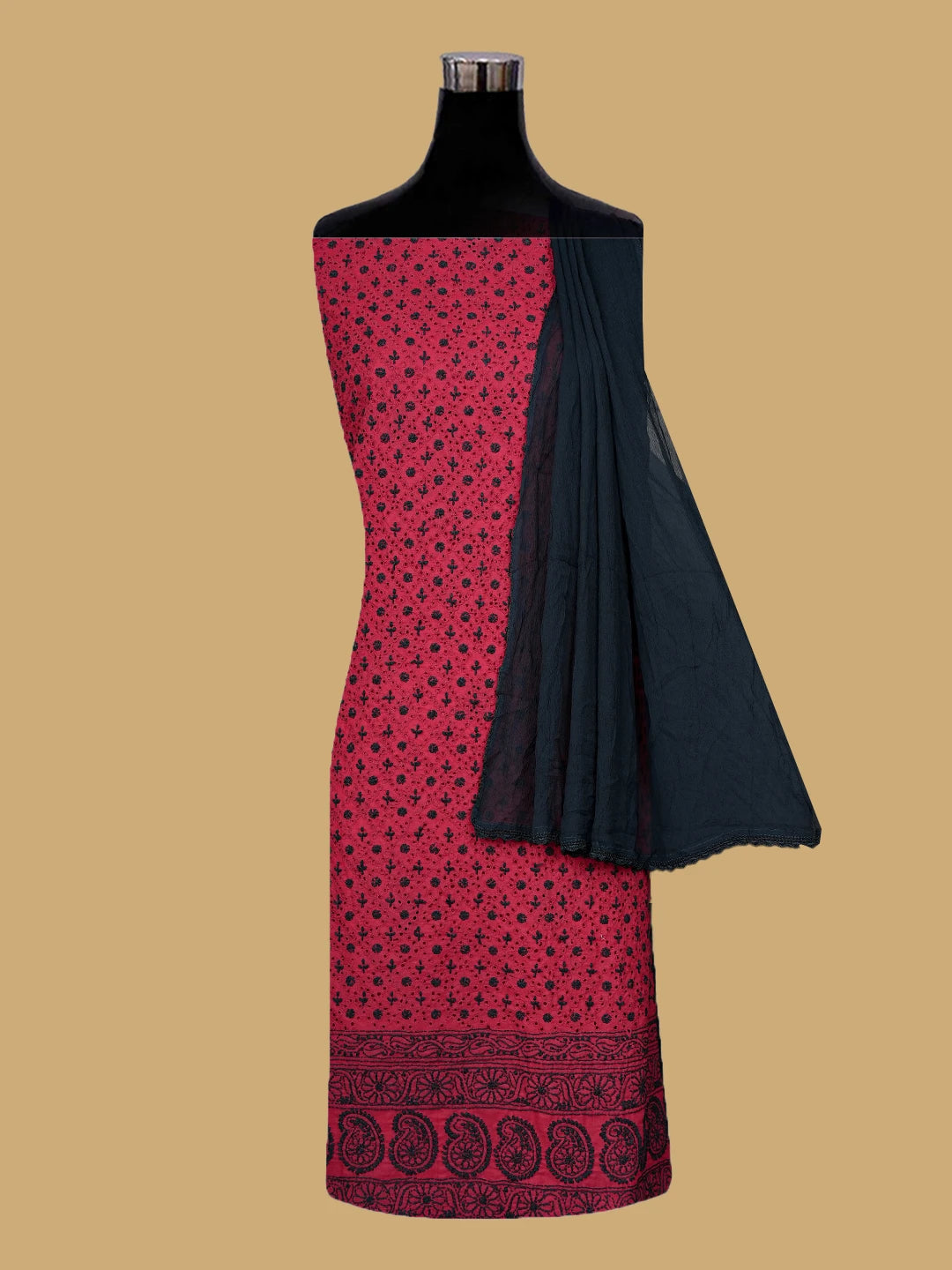 Ada Hand Embroidered Maroon Cotton Lucknowi Chikankari Unstitched Suit Piece 01A784901