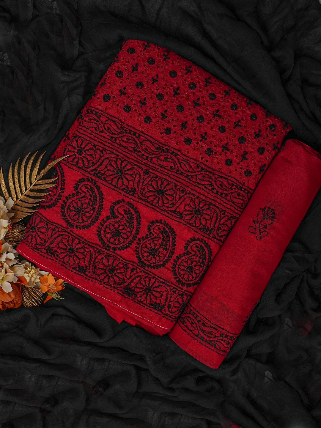 Ada Hand Embroidered Maroon Cotton Lucknowi Chikankari Unstitched Suit Piece 01A784901