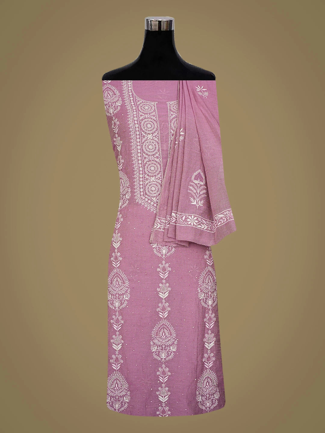 Ada Hand Embroidered Onion Pink Tissue Lucknowi Chikankari Unstitched Kurta Dupatta Set With Cutdana Work 01A718674