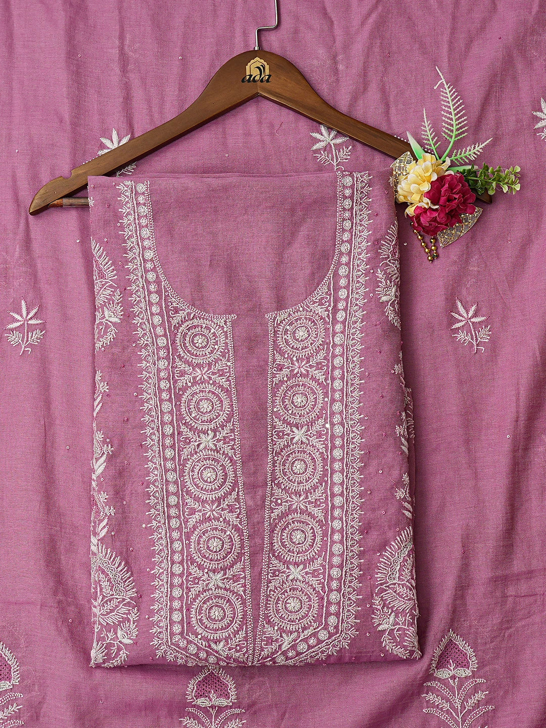 Ada Hand Embroidered Onion Pink Tissue Lucknowi Chikankari Unstitched Kurta Dupatta Set With Cutdana Work 01A718674