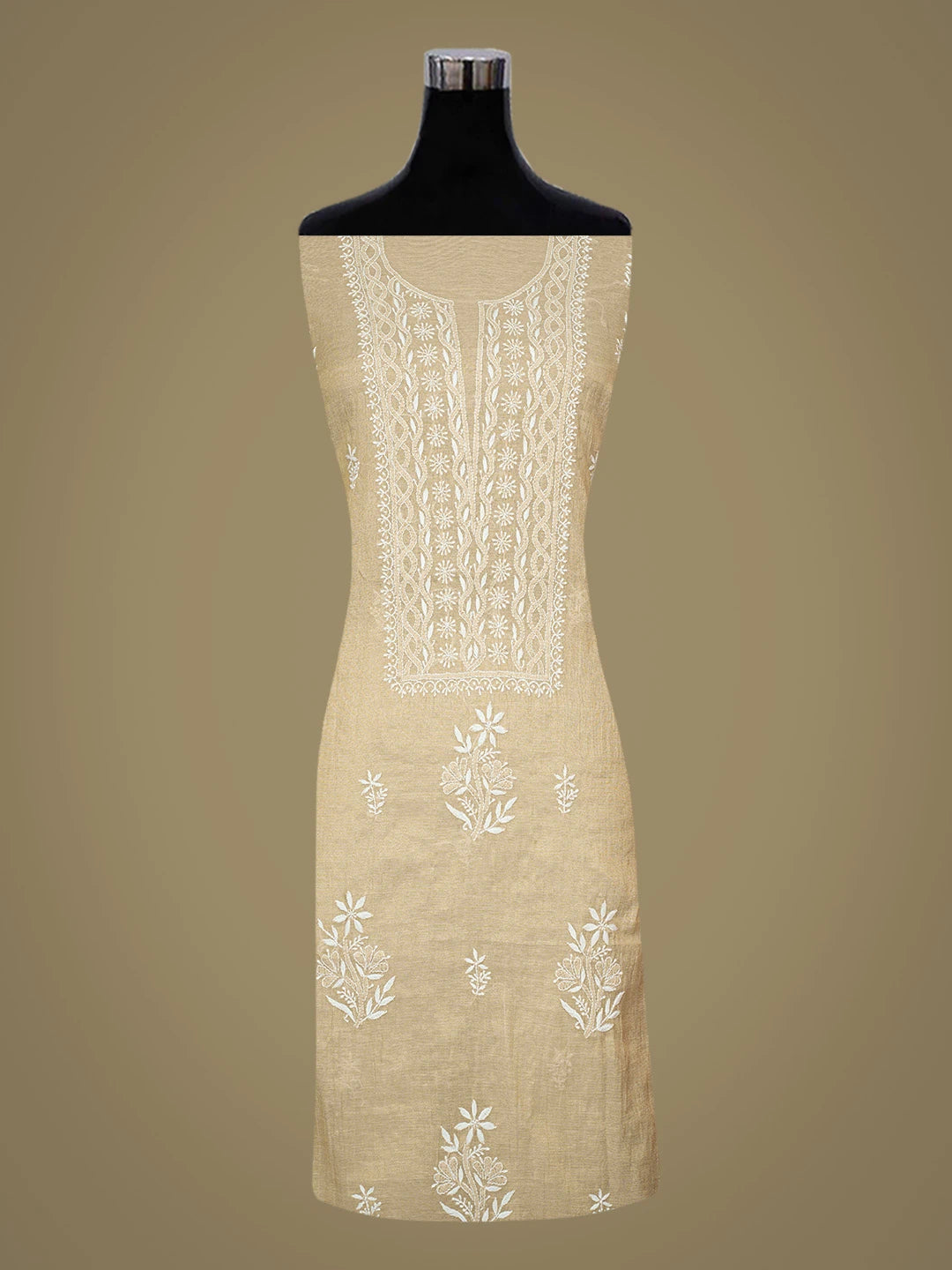 Ada Hand Embroidered Fawn Tissue Lucknowi Chikankari Unstitched Kurta Dupatta Set 01A731124