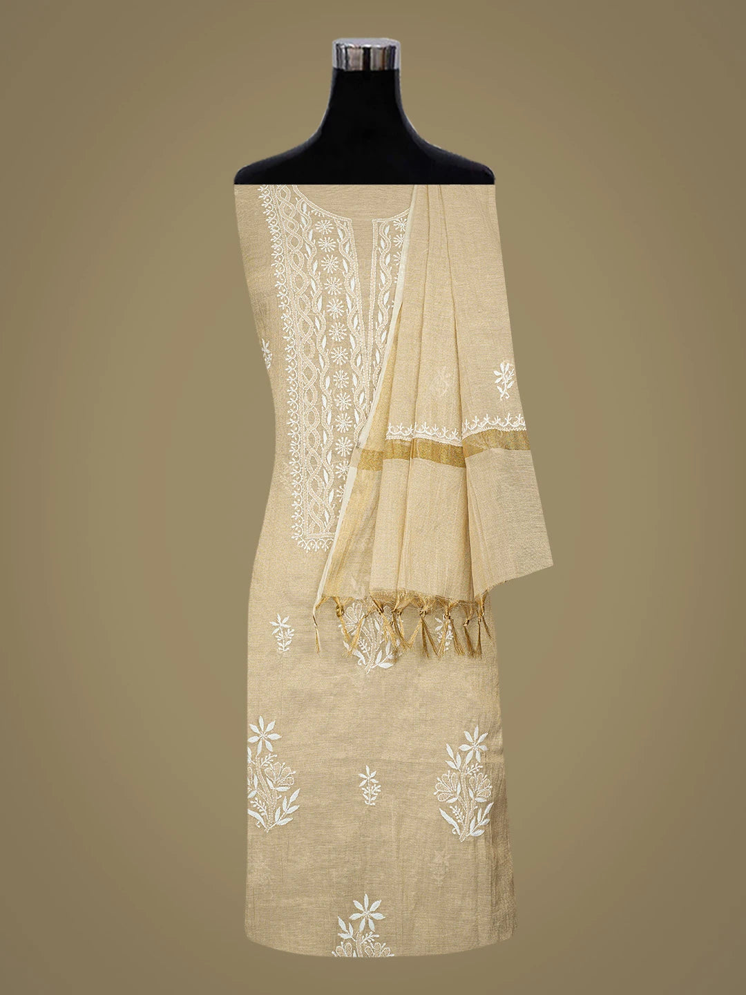 Ada Hand Embroidered Fawn Tissue Lucknowi Chikankari Unstitched Kurta Dupatta Set 01A731124