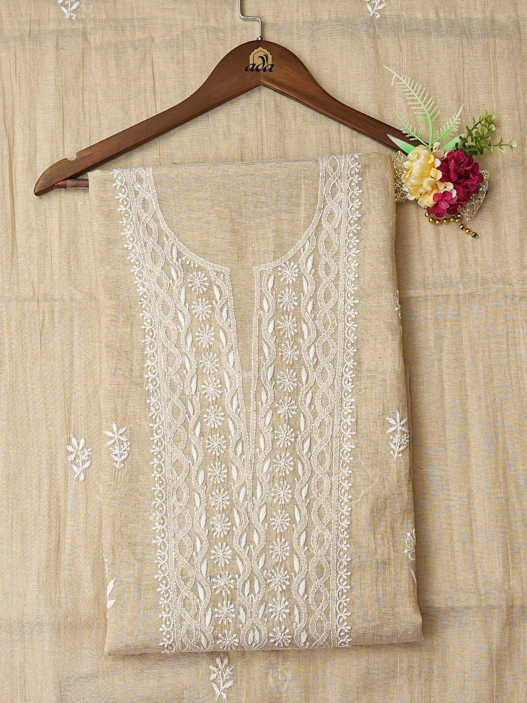 Ada Hand Embroidered Fawn Tissue Lucknowi Chikankari Unstitched Kurta Dupatta Set 01A731124