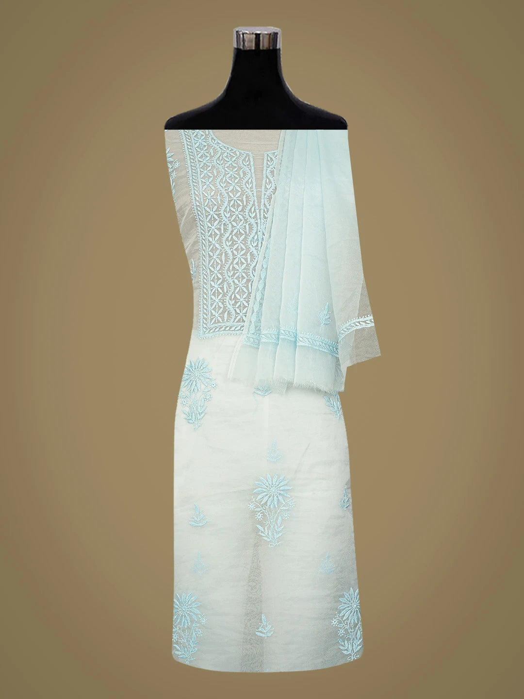 Ada Hand Embroidered Sky Blue Organza Lucknowi Chikankari Unstitched Kurta Dupatta Set 01A789394