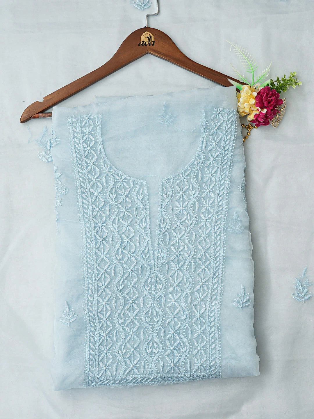 Ada Hand Embroidered Sky Blue Organza Lucknowi Chikankari Unstitched Kurta Dupatta Set 01A789394