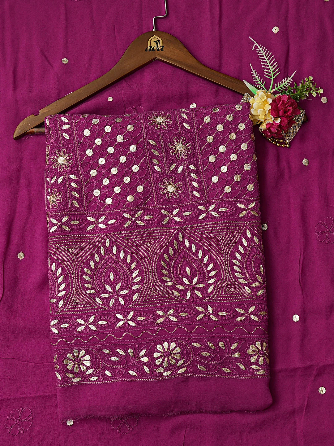Ada Hand Embroidered Purple Viscose Georgette Lucknowi Chikankari Unstitched Kurta Dupatta Set With Gota Patti Work 01A801909
