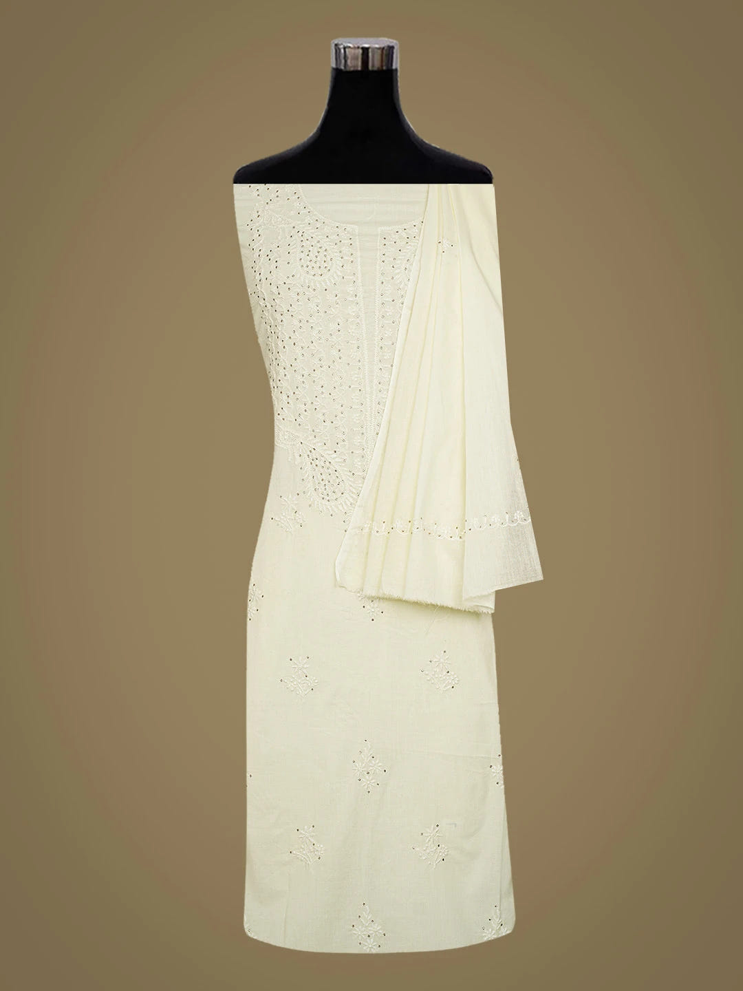Ada Hand Embroidered Lemon Cotton Lucknowi Chikankari Unstitched Kurta Dupatta Set With Mukaish Work 01A760116