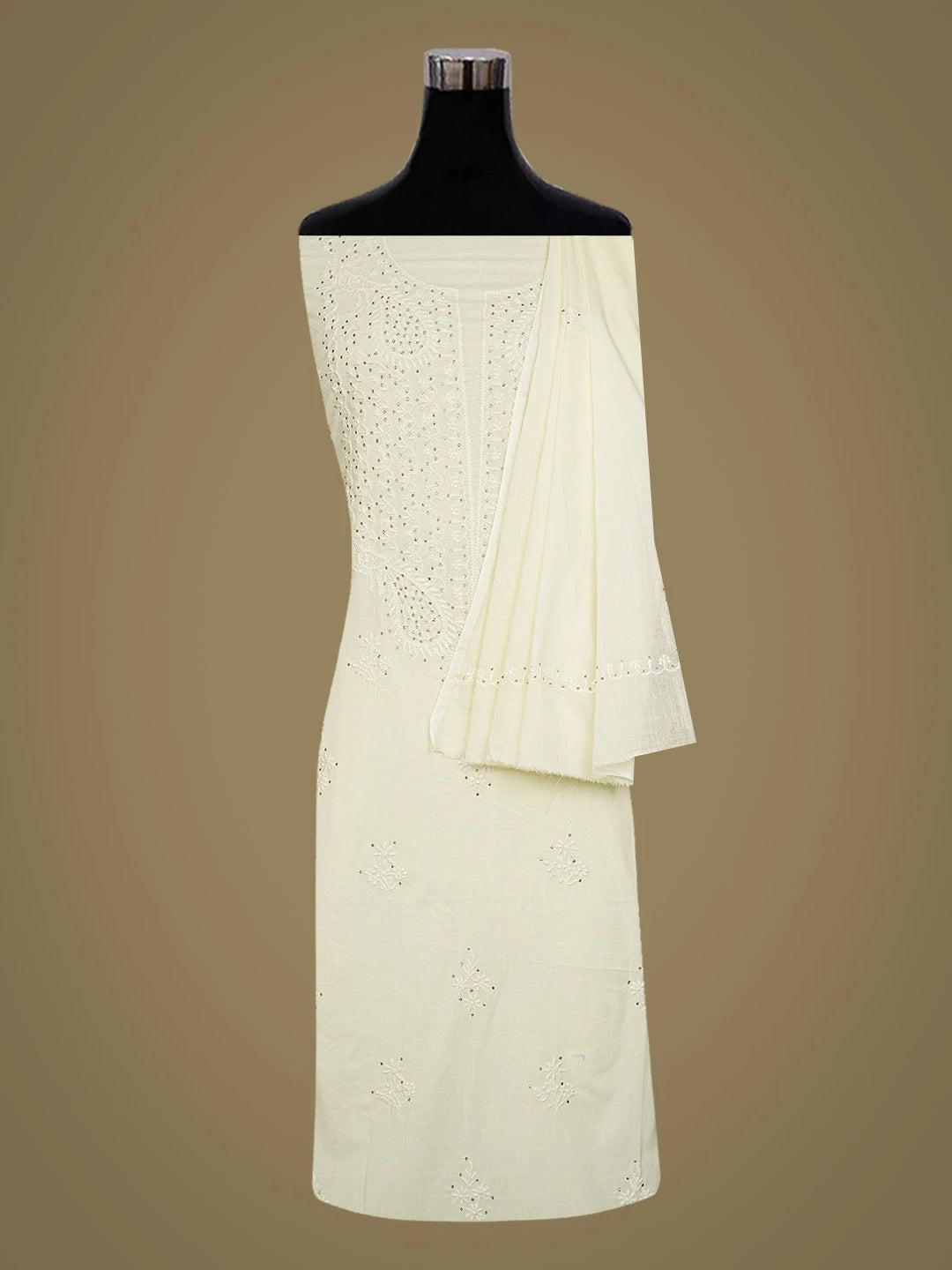 Ada Hand Embroidered Lemon Cotton Lucknowi Chikankari Unstitched Kurta Dupatta Set With Mukaish Work 01A760116