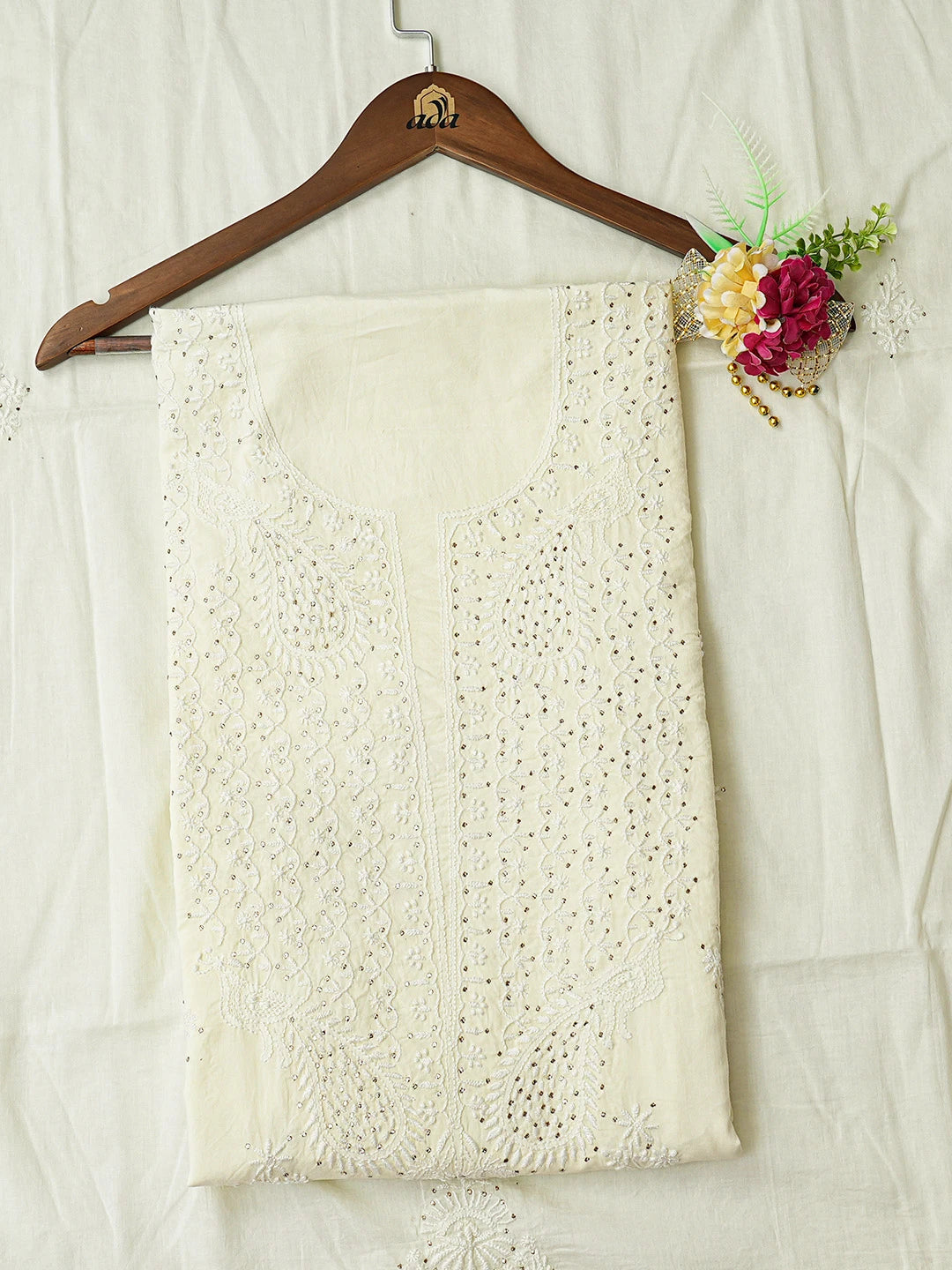Ada Hand Embroidered Lemon Cotton Lucknowi Chikankari Unstitched Kurta Dupatta Set With Mukaish Work 01A760116