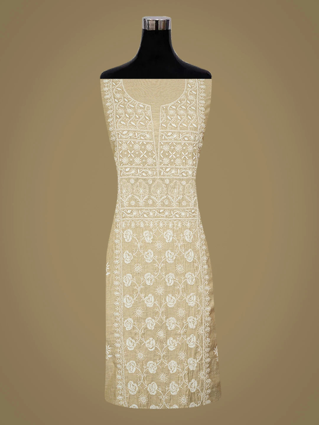 Ada Hand Embroidered Fawn Tissue Lucknowi Chikankari Unstitched Kurta Dupatta Set With Pearl Work 01A793597
