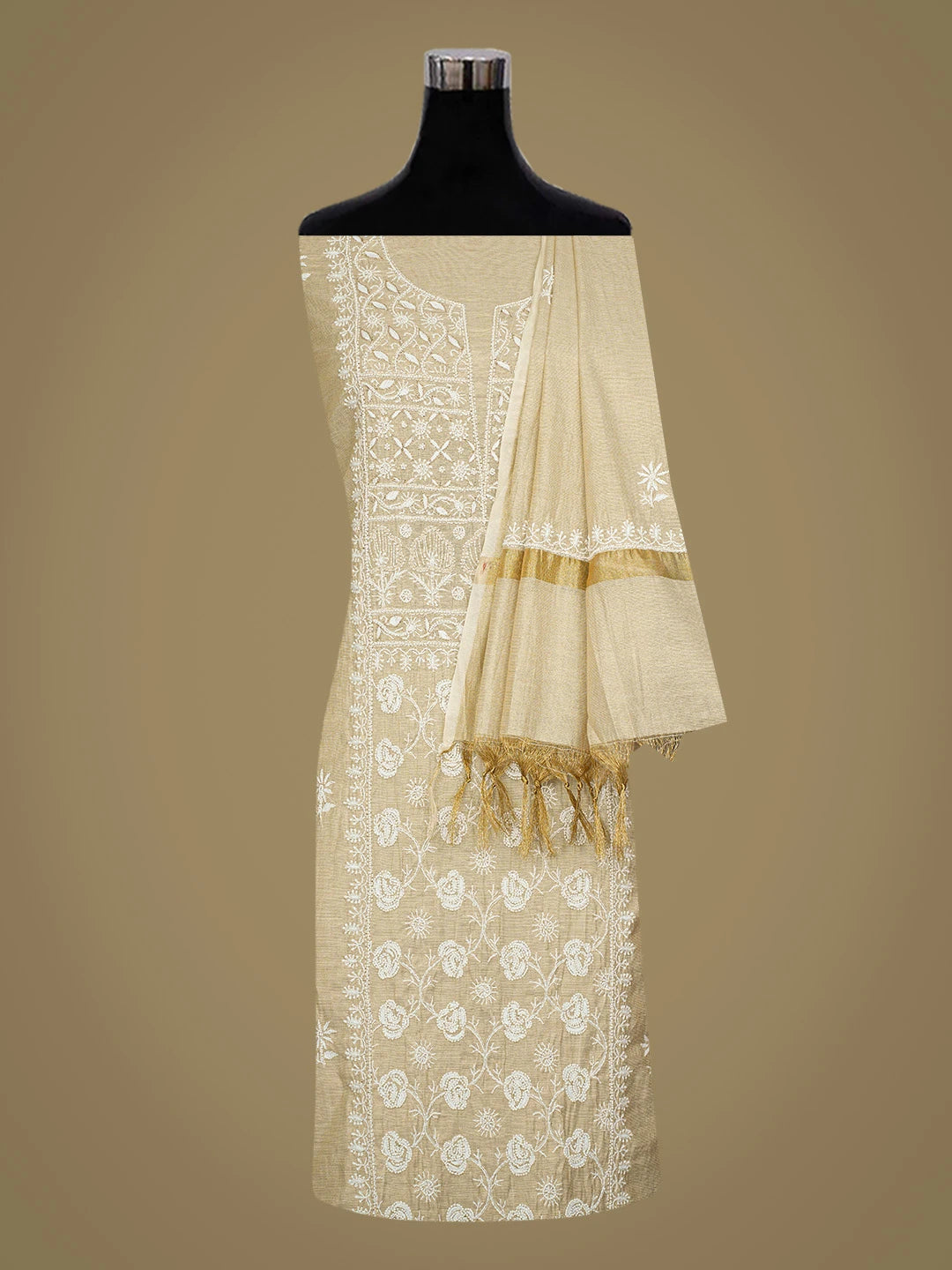 Ada Hand Embroidered Fawn Tissue Lucknowi Chikankari Unstitched Kurta Dupatta Set With Pearl Work 01A793597