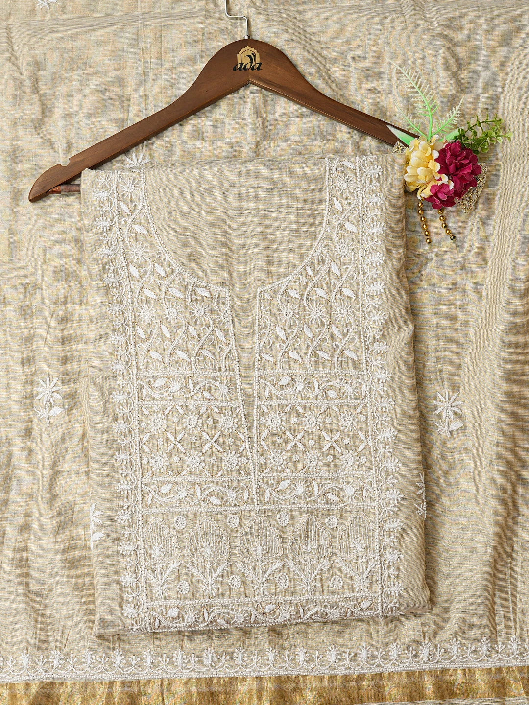 Ada Hand Embroidered Fawn Tissue Lucknowi Chikankari Unstitched Kurta Dupatta Set With Pearl Work 01A793597