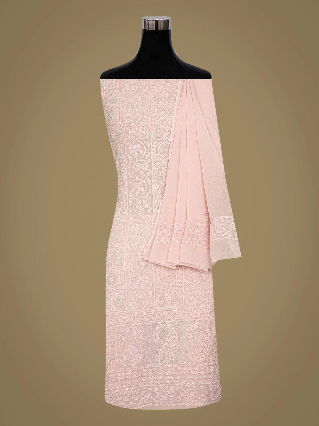 Ada Hand Embroidered Pink Viscose Georgette Lucknowi Chikankari Unstitched Kurta Dupatta Set With Cutdana Work 01A784866