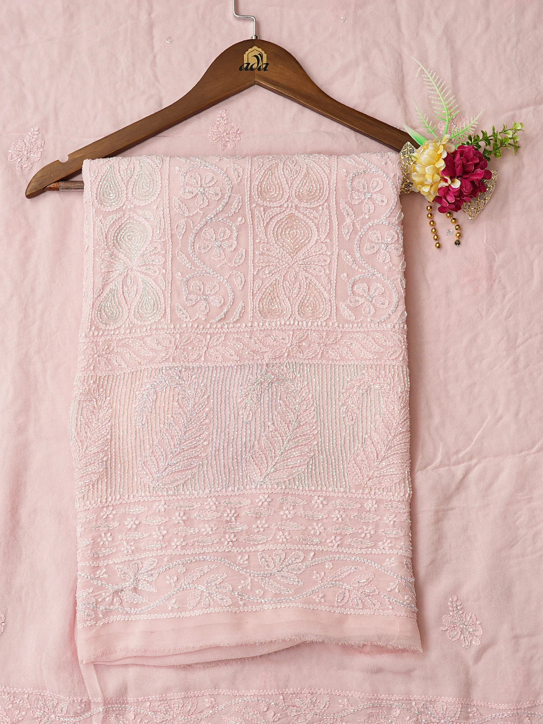 Ada Hand Embroidered Pink Viscose Georgette Lucknowi Chikankari Unstitched Kurta Dupatta Set With Cutdana Work 01A784866