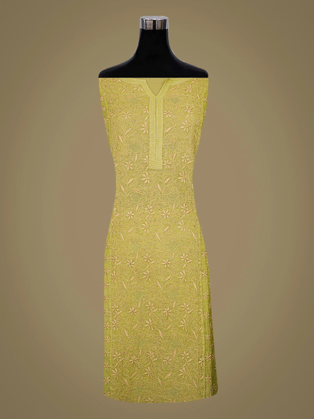 Ada Hand Embroidered Mehandi Green Tissue Lucknowi Chikankari Semi-stitched Kurta Dupatta Set With Muqaish Work 01A627920