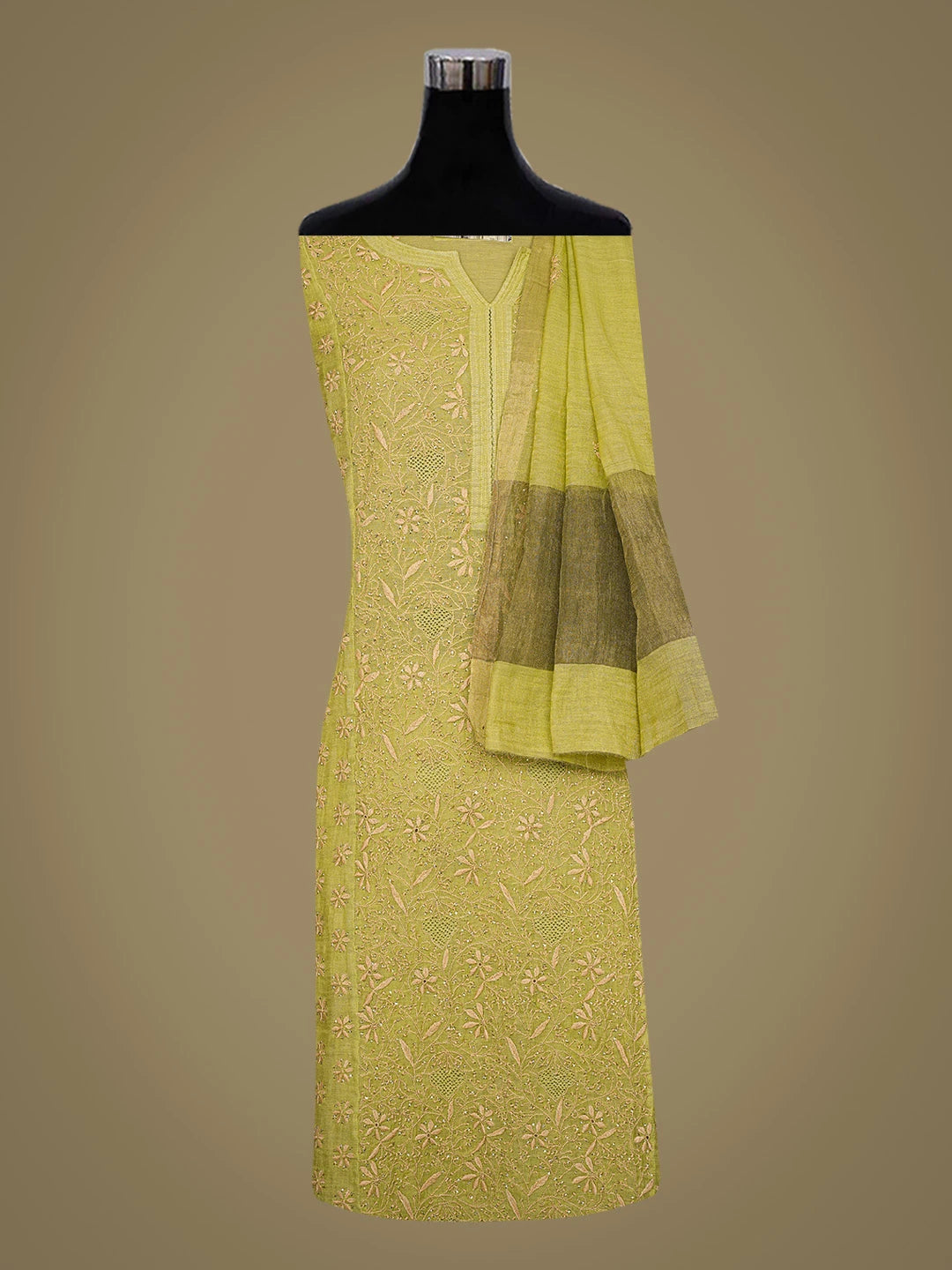 Ada Hand Embroidered Mehandi Green Tissue Lucknowi Chikankari Semi-stitched Kurta Dupatta Set With Muqaish Work 01A627920