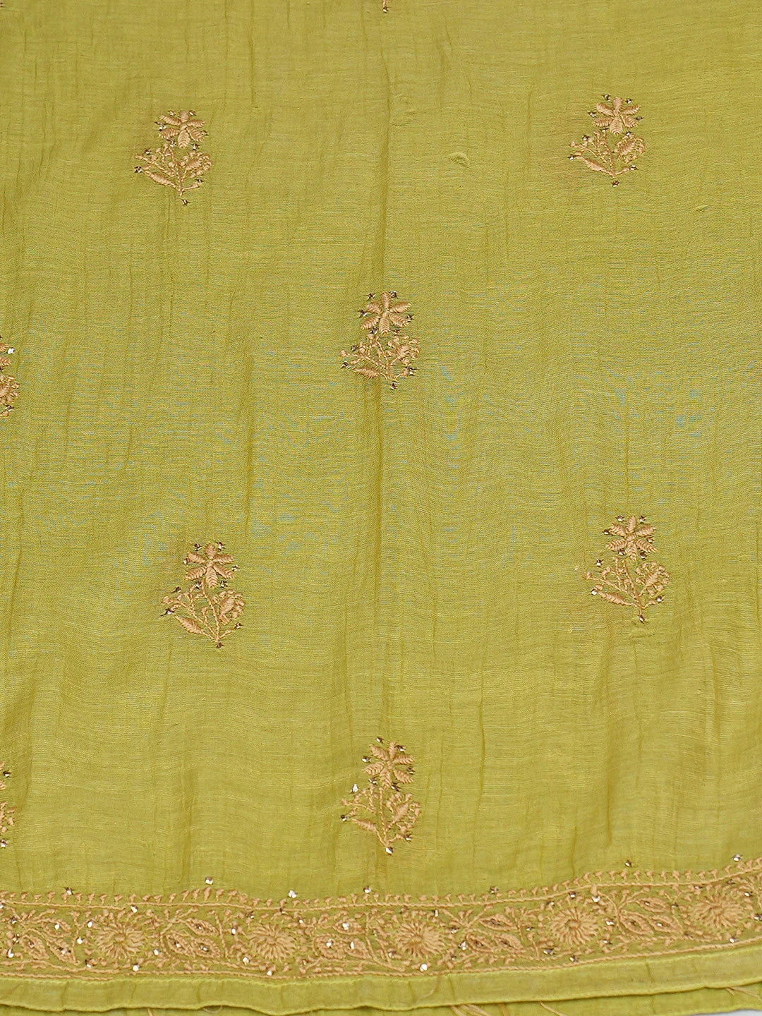 Ada Hand Embroidered Mehandi Green Tissue Lucknowi Chikankari Semi-stitched Kurta Dupatta Set With Muqaish Work 01A627920