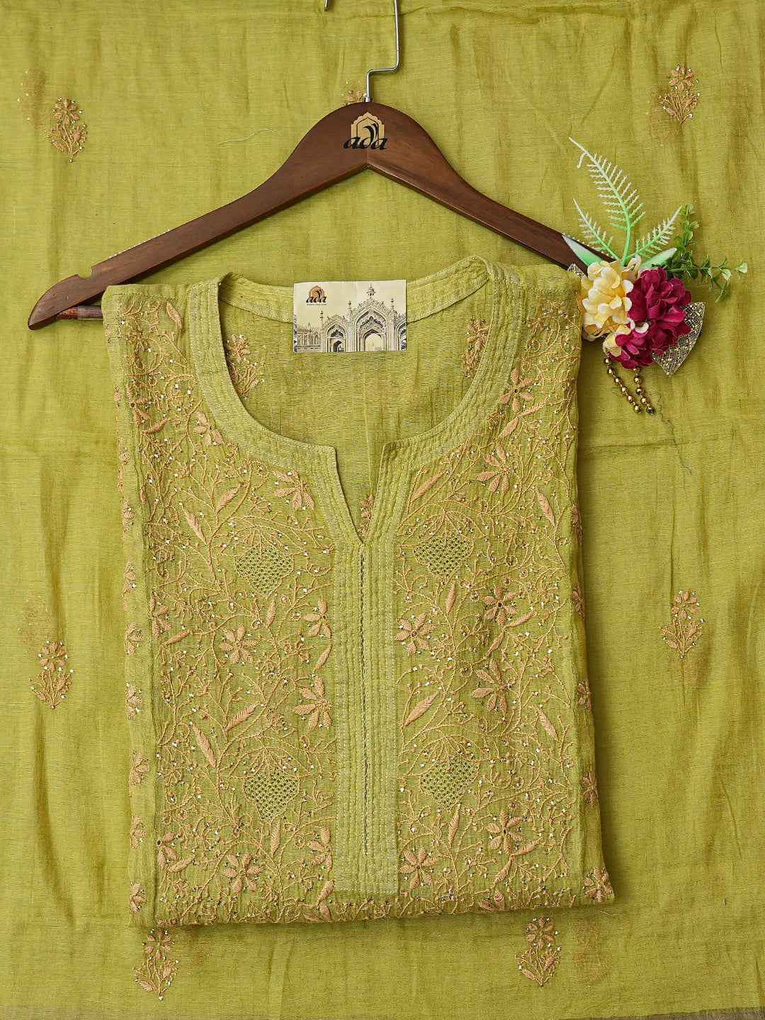 Ada Hand Embroidered Mehandi Green Tissue Lucknowi Chikankari Semi-stitched Kurta Dupatta Set With Muqaish Work 01A627920