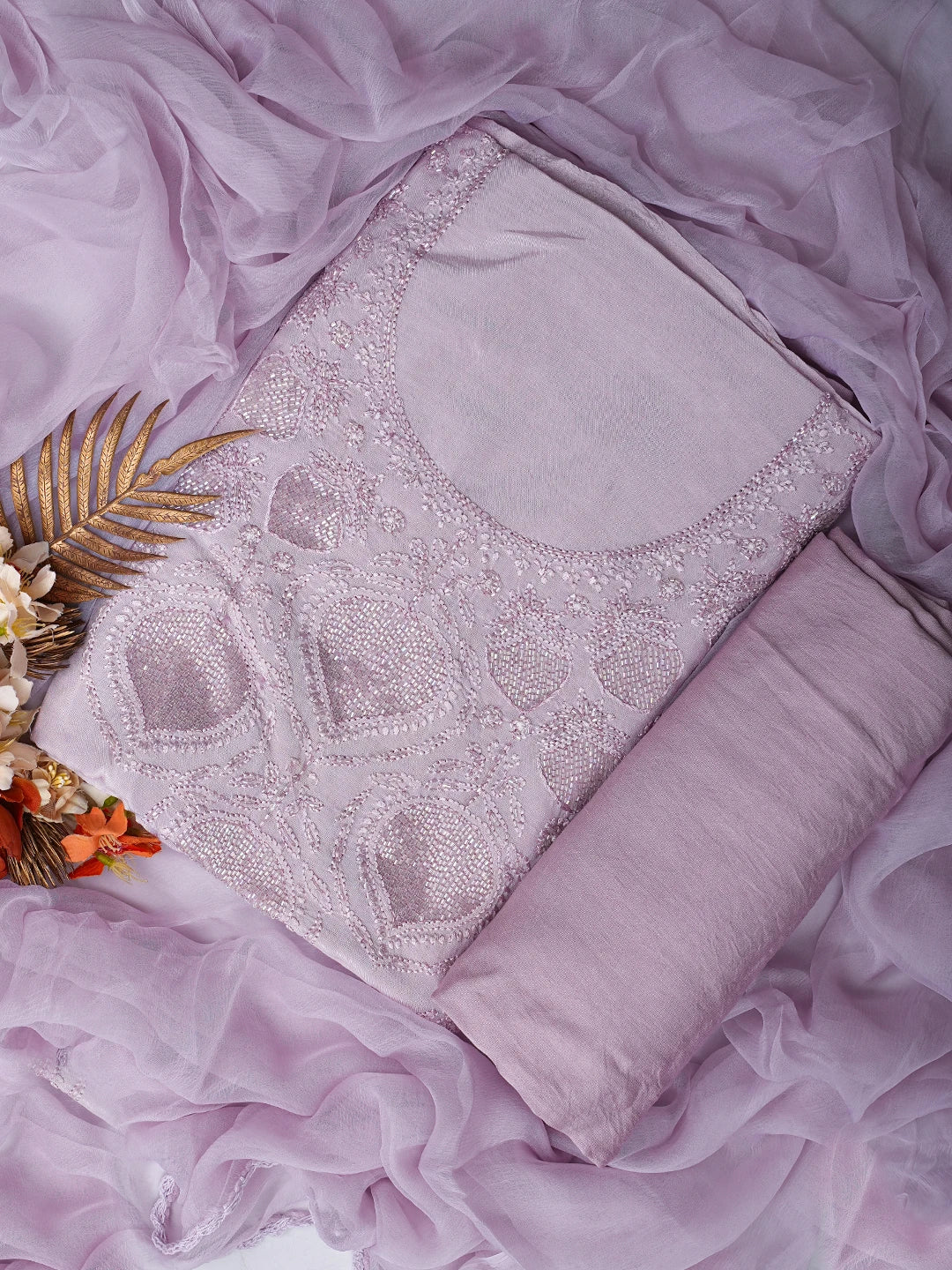 Ada Hand Embroidered Rose Quartz Pink Muslin Lucknowi Chikankari Unstitched Suit Piece With Cutdana Work 01A814895