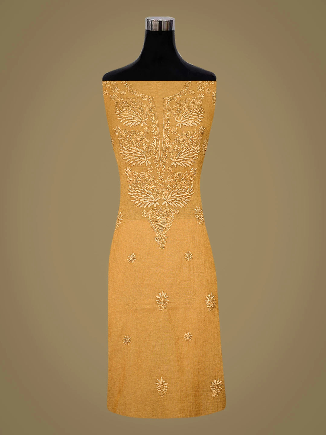 Ada Hand Embroidered Mustard Tissue Lucknowi Chikankari Unstitched Kurta Dupatta Set 01A728074