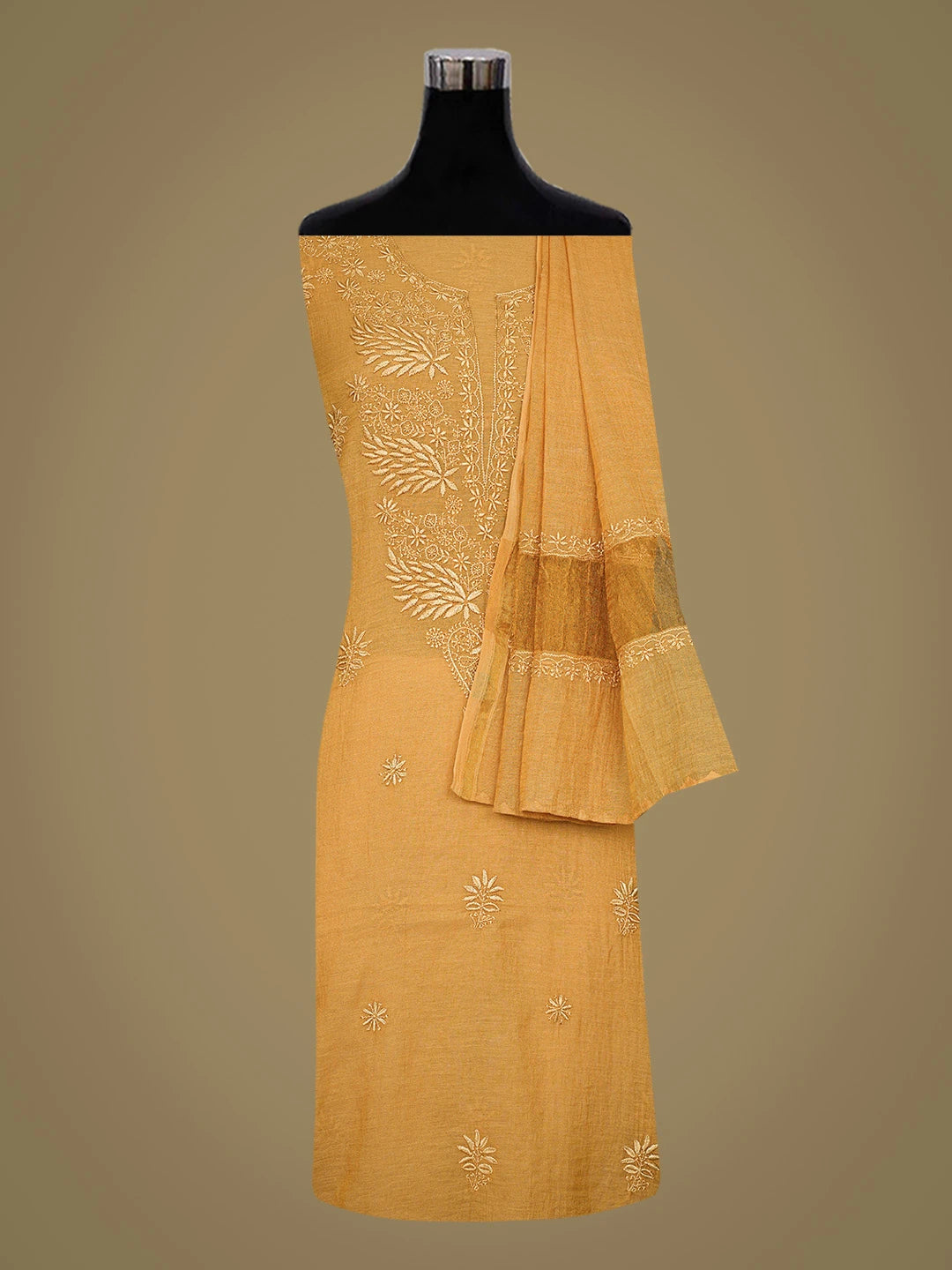 Ada Hand Embroidered Mustard Tissue Lucknowi Chikankari Unstitched Kurta Dupatta Set 01A728074