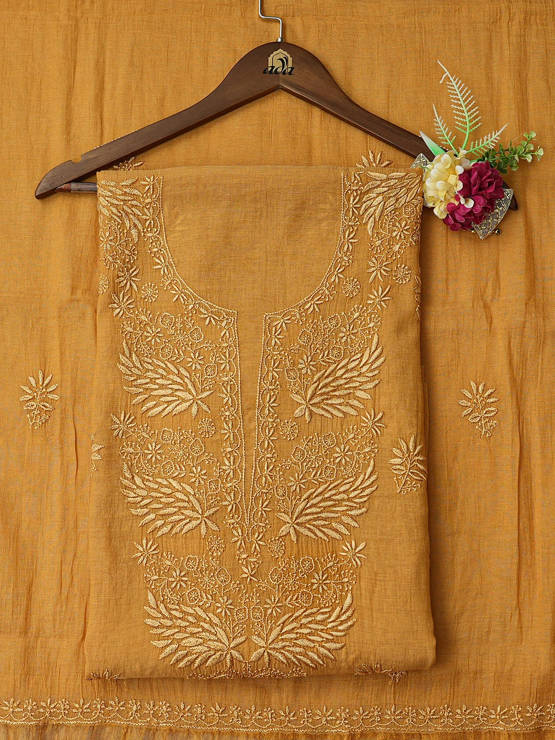 Ada Hand Embroidered Mustard Tissue Lucknowi Chikankari Unstitched Kurta Dupatta Set 01A728074