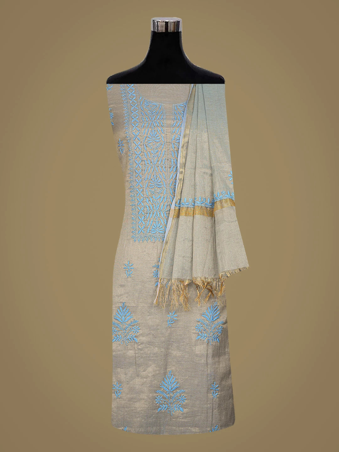 Ada Hand Embroidered Blue Tissue Lucknowi Chikankari Unstitched Kurta Dupatta Set 01A779557
