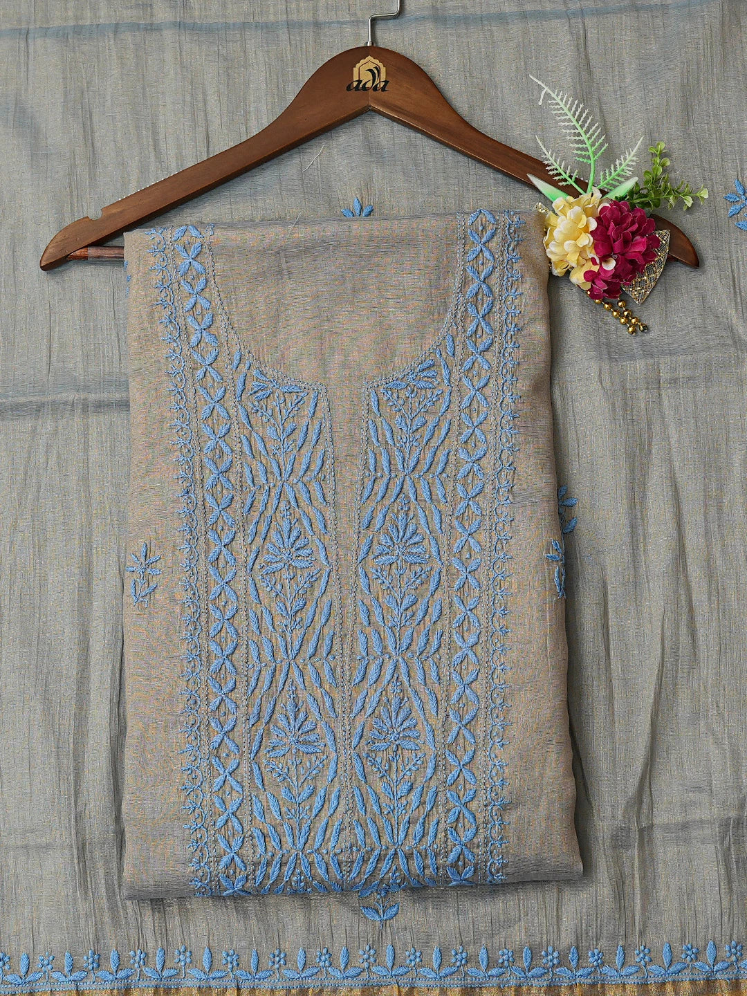 Ada Hand Embroidered Blue Tissue Lucknowi Chikankari Unstitched Kurta Dupatta Set 01A779557