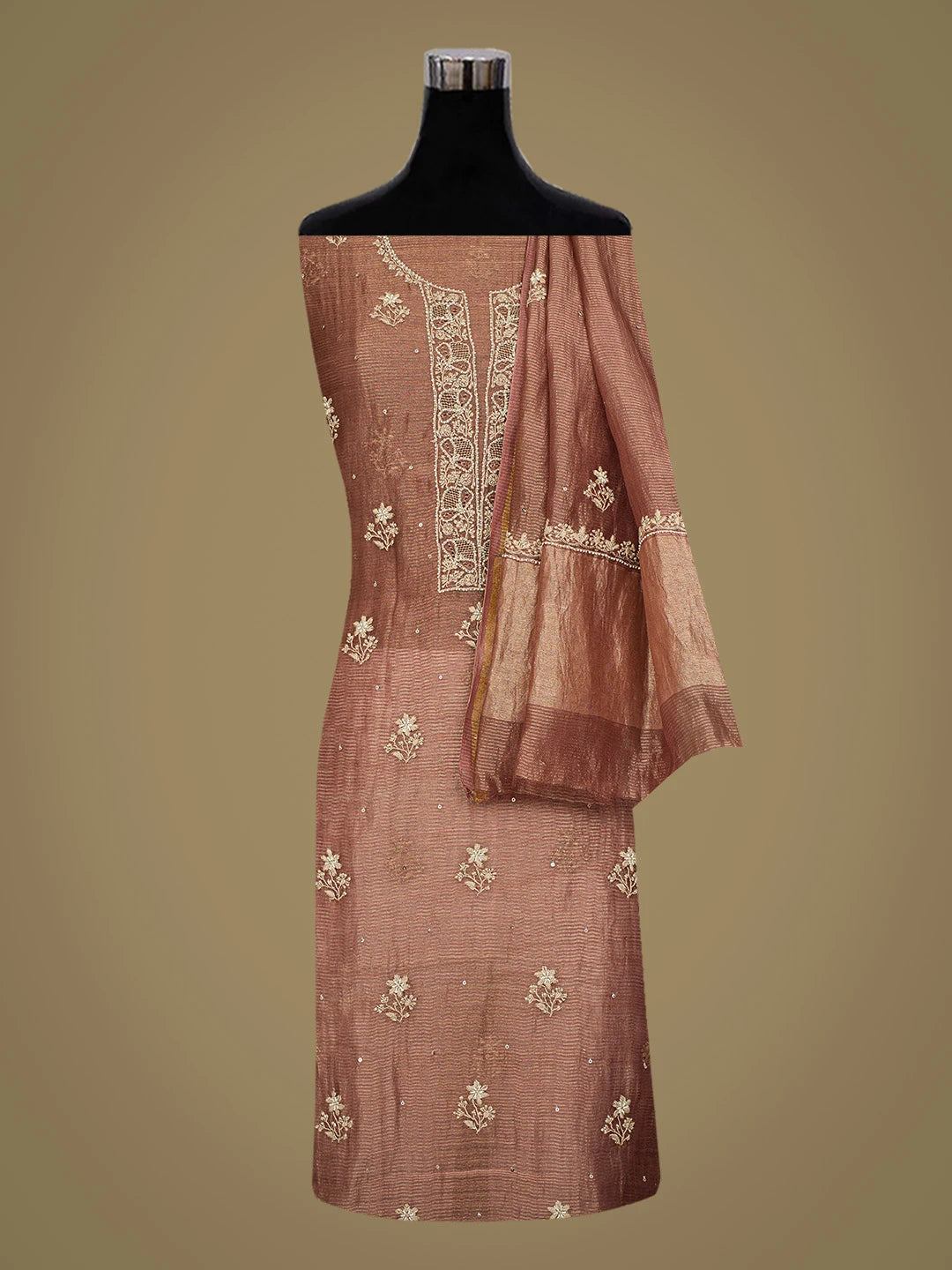 Ada Hand Embroidered Brown Tissue Lucknowi Chikankari Unstitched Kurta Dupatta Set With Cutdana Work 01A719167