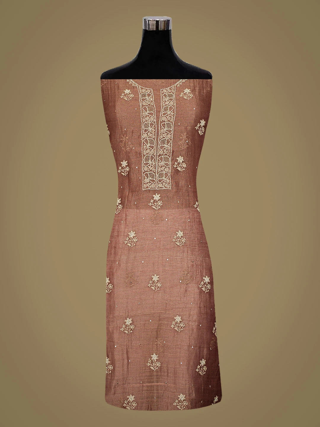 Ada Hand Embroidered Brown Tissue Lucknowi Chikankari Unstitched Kurta Dupatta Set With Cutdana Work 01A719167