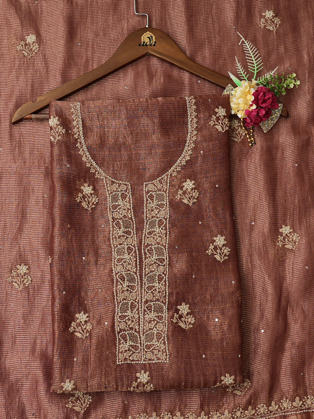 Ada Hand Embroidered Brown Tissue Lucknowi Chikankari Unstitched Kurta Dupatta Set With Cutdana Work 01A719167