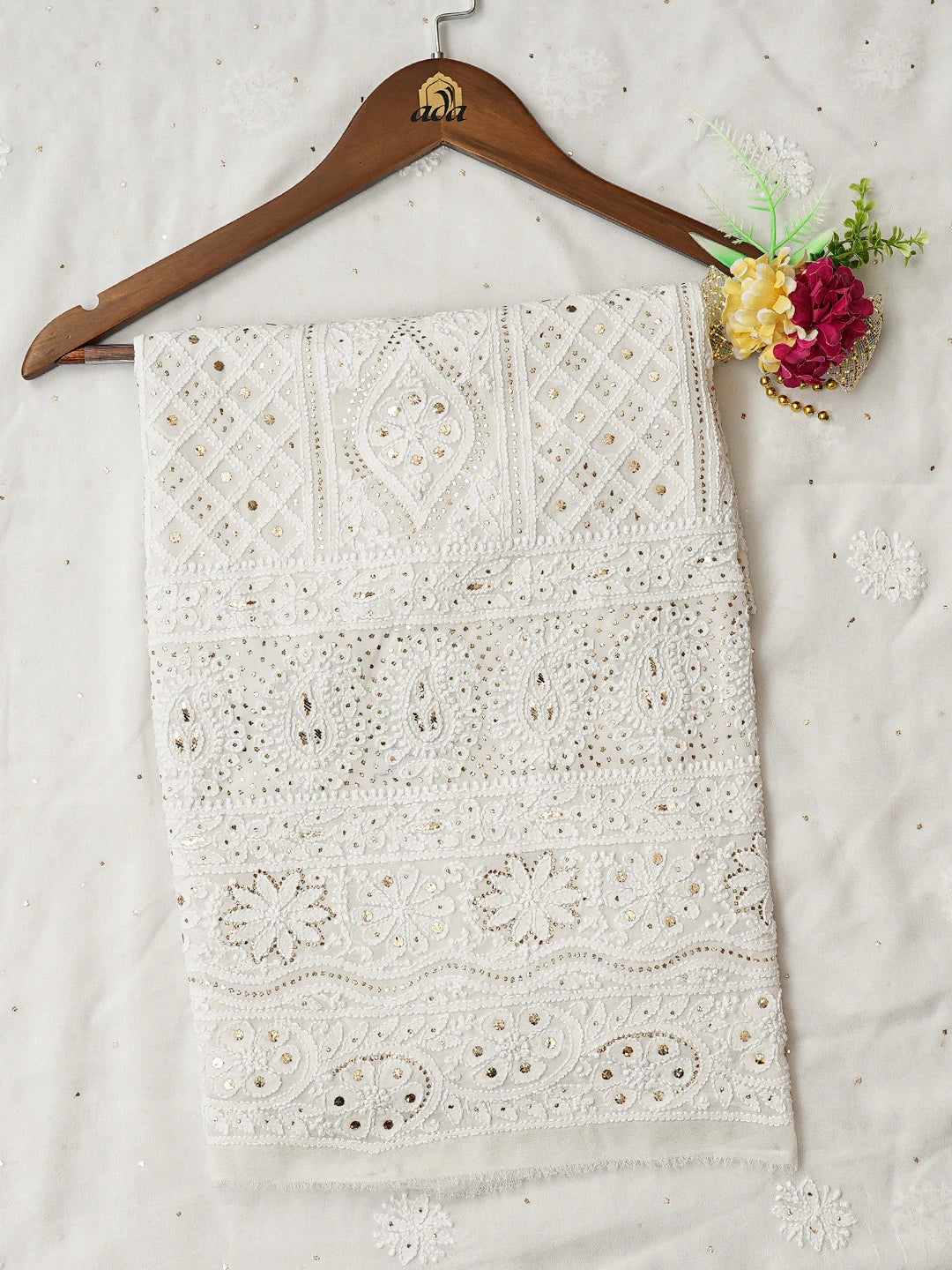 Ada Hand Embroidered White Viscose Georgette Lucknowi Chikankari Unstitched Kurta Dupatta Set With Muqaish Work 01A807824