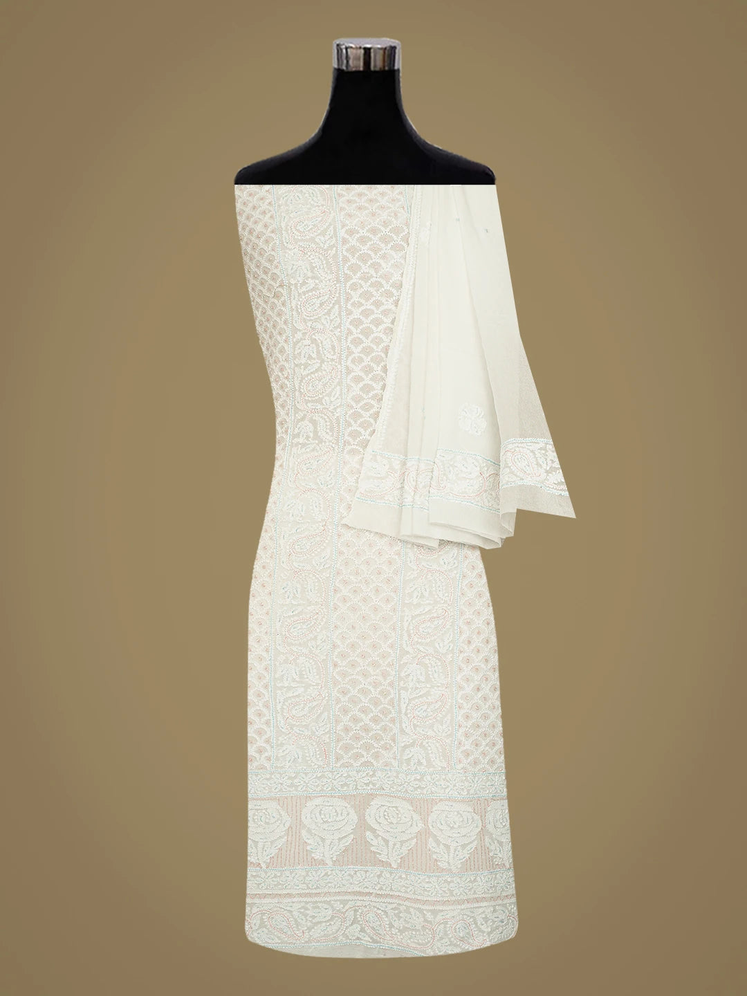 Ada Hand Embroidered White Viscose Georgette Lucknowi Chikankari Unstitched Kurta Dupatta Set With Cutdana Work 01A792109