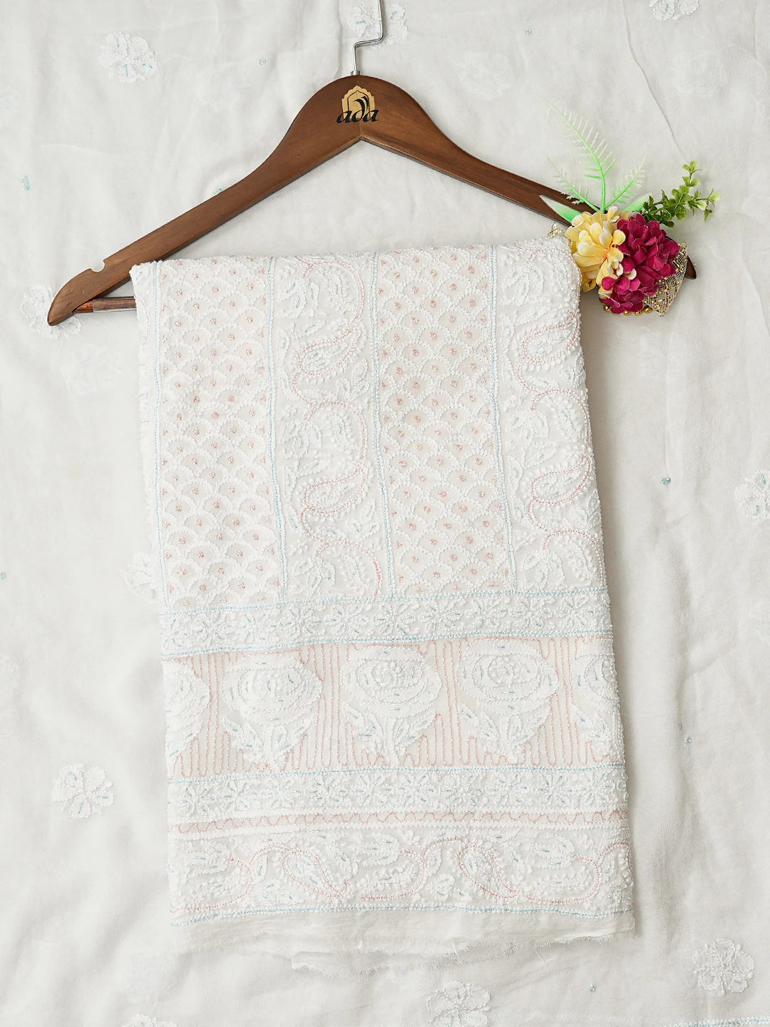 Ada Hand Embroidered White Viscose Georgette Lucknowi Chikankari Unstitched Kurta Dupatta Set With Cutdana Work 01A792109