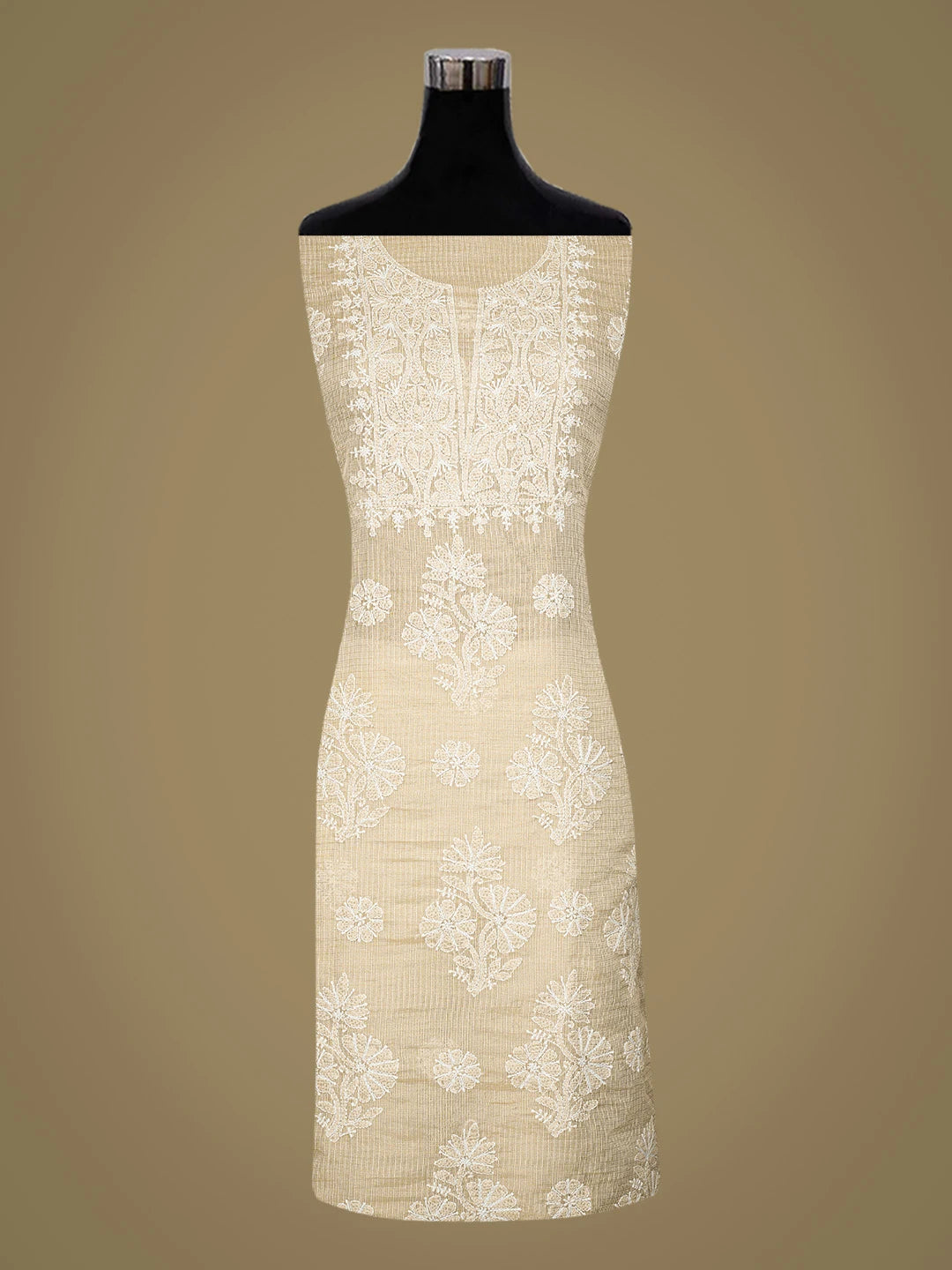 Ada Hand Embroidered Fawn Kota Lucknowi Chikankari Unstitched Kurta Dupatta Set 01A795142