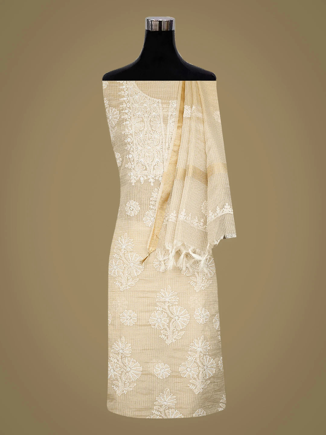 Ada Hand Embroidered Fawn Kota Lucknowi Chikankari Unstitched Kurta Dupatta Set 01A795142