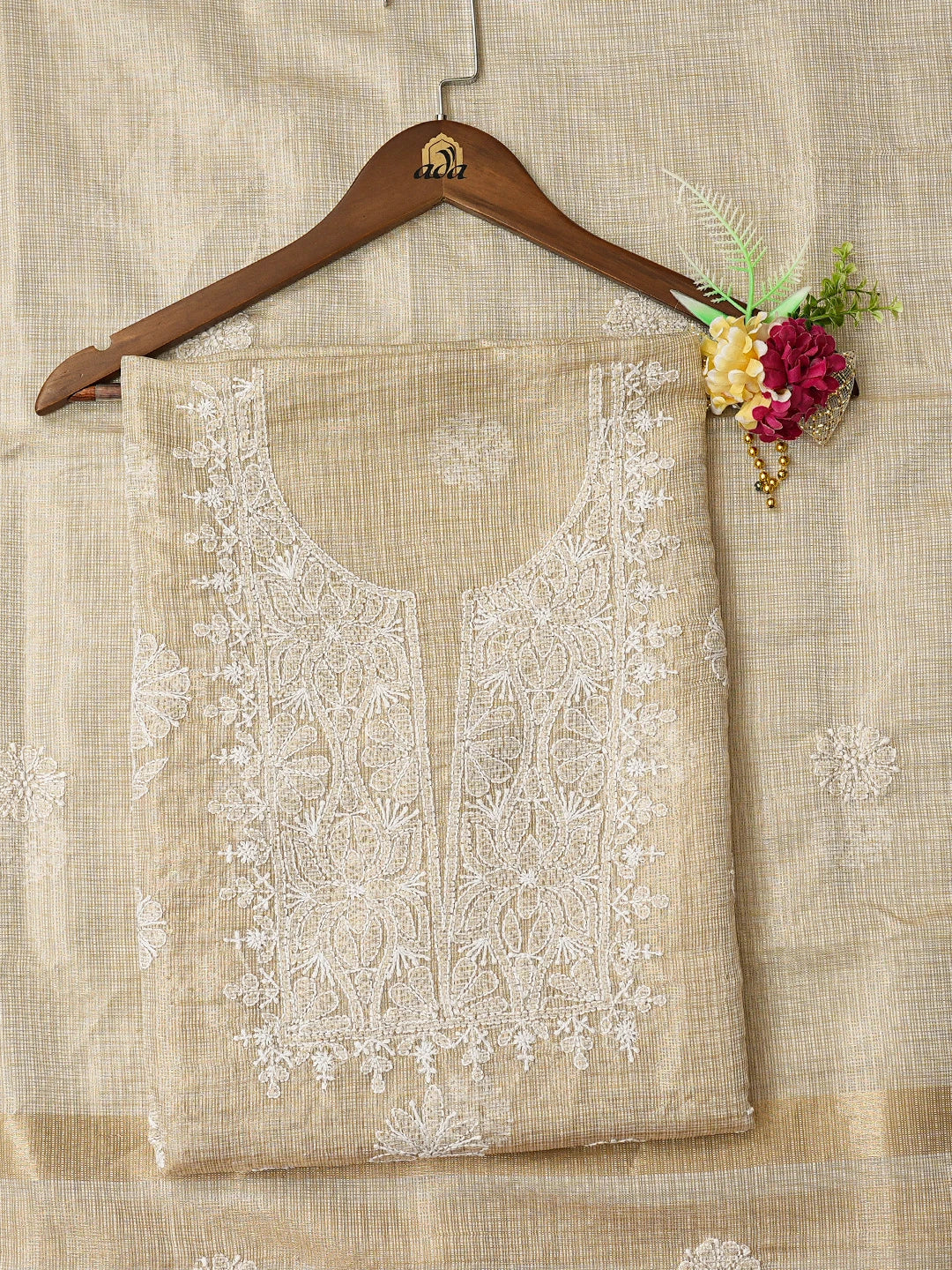 Ada Hand Embroidered Fawn Kota Lucknowi Chikankari Unstitched Kurta Dupatta Set 01A795142