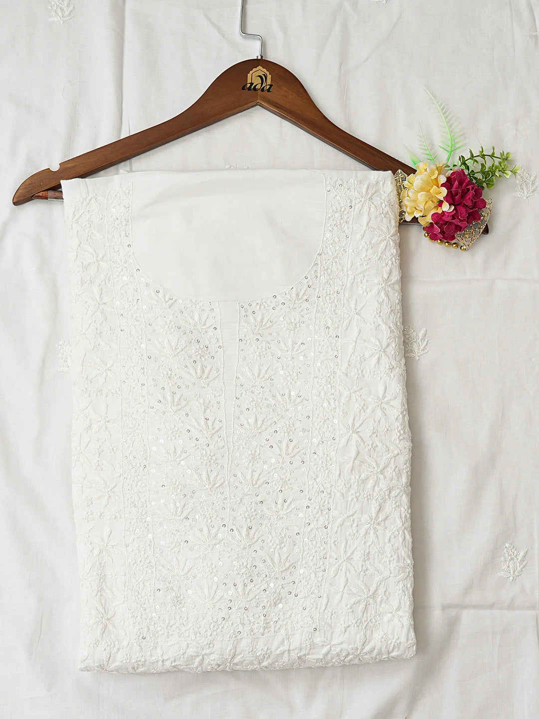 Ada Hand Embroidered White Cotton Lucknowi Chikankari Unstitched Kurta Dupatta Set With Cutdana Work 01A752330