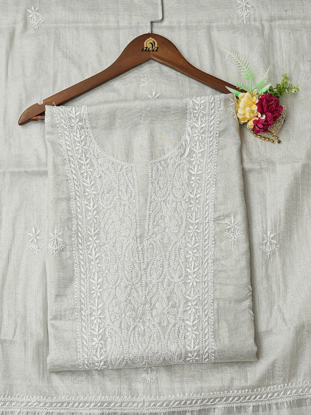 Ada Hand Embroidered Grey Tissue Lucknowi Chikankari Unstitched Kurta Dupatta Set 01A771356