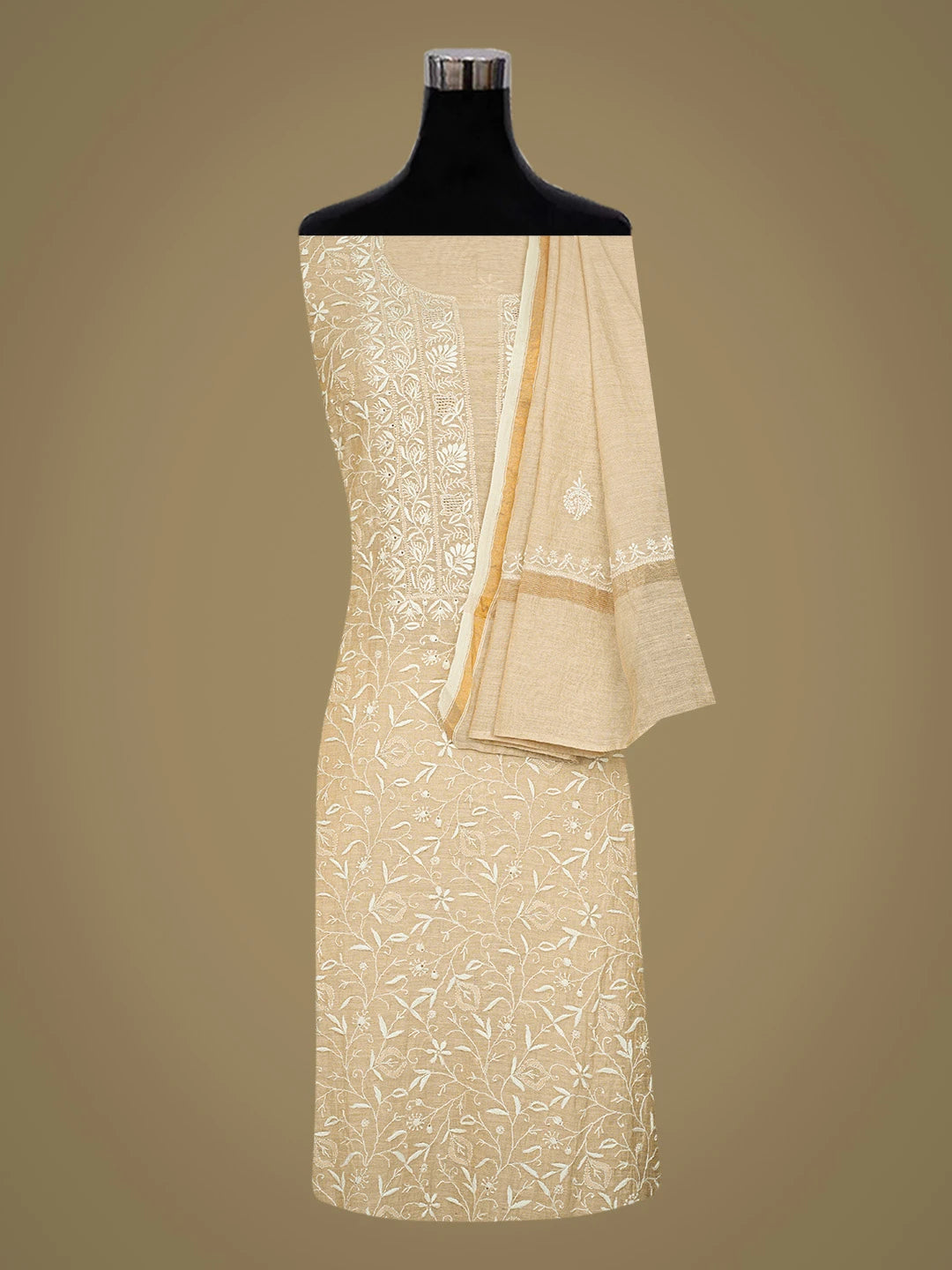 Ada Hand Embroidered Fawn Tissue Lucknowi Chikankari Unstitched Kurta Dupatta Set 01A741701