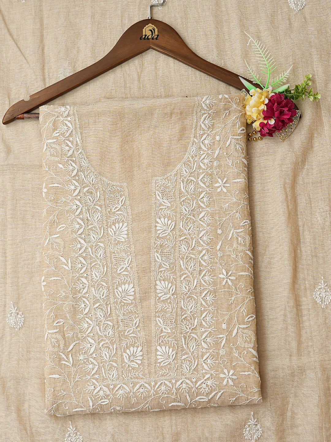 Ada Hand Embroidered Fawn Tissue Lucknowi Chikankari Unstitched Kurta Dupatta Set 01A741701
