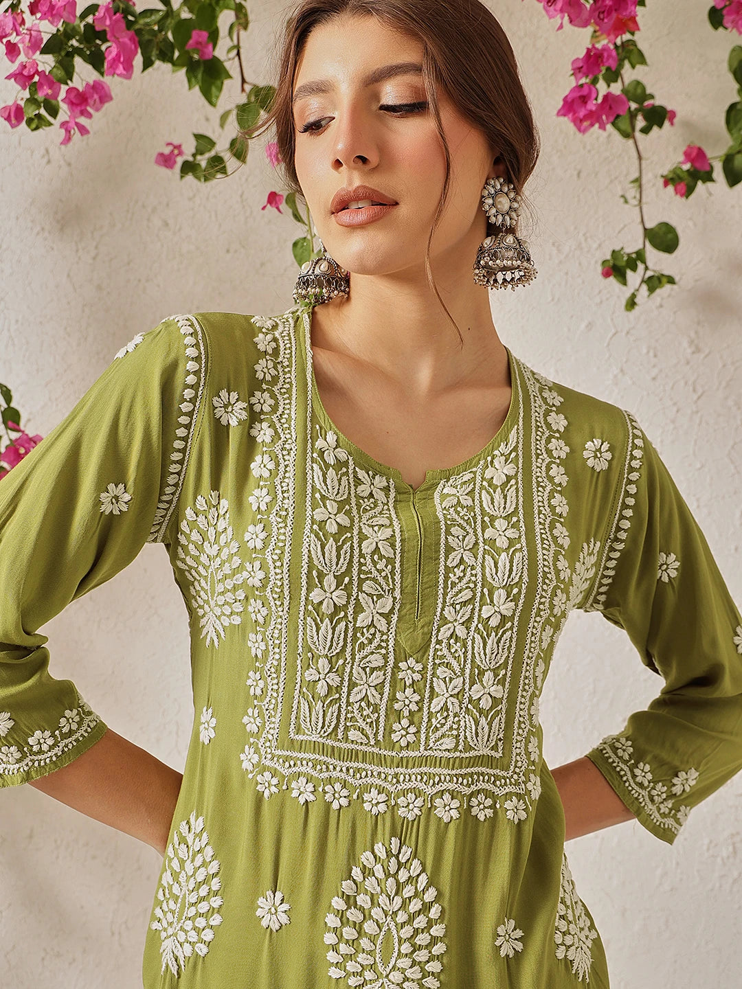 Ada Hand Embroidered Mehendi Green Modal Lucknowi Chikankari Garara Set A811328