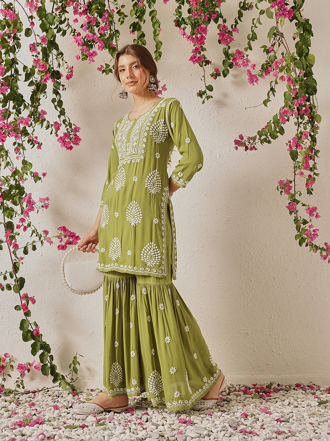 Ada Hand Embroidered Mehendi Green Modal Lucknowi Chikankari Garara Set A811328