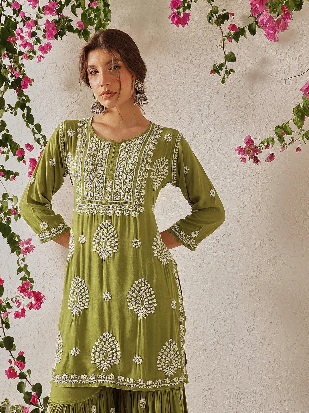 Ada Hand Embroidered Mehendi Green Modal Lucknowi Chikankari Garara Set A811328
