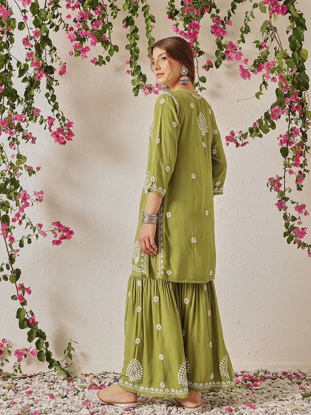 Ada Hand Embroidered Mehendi Green Modal Lucknowi Chikankari Garara Set A811328