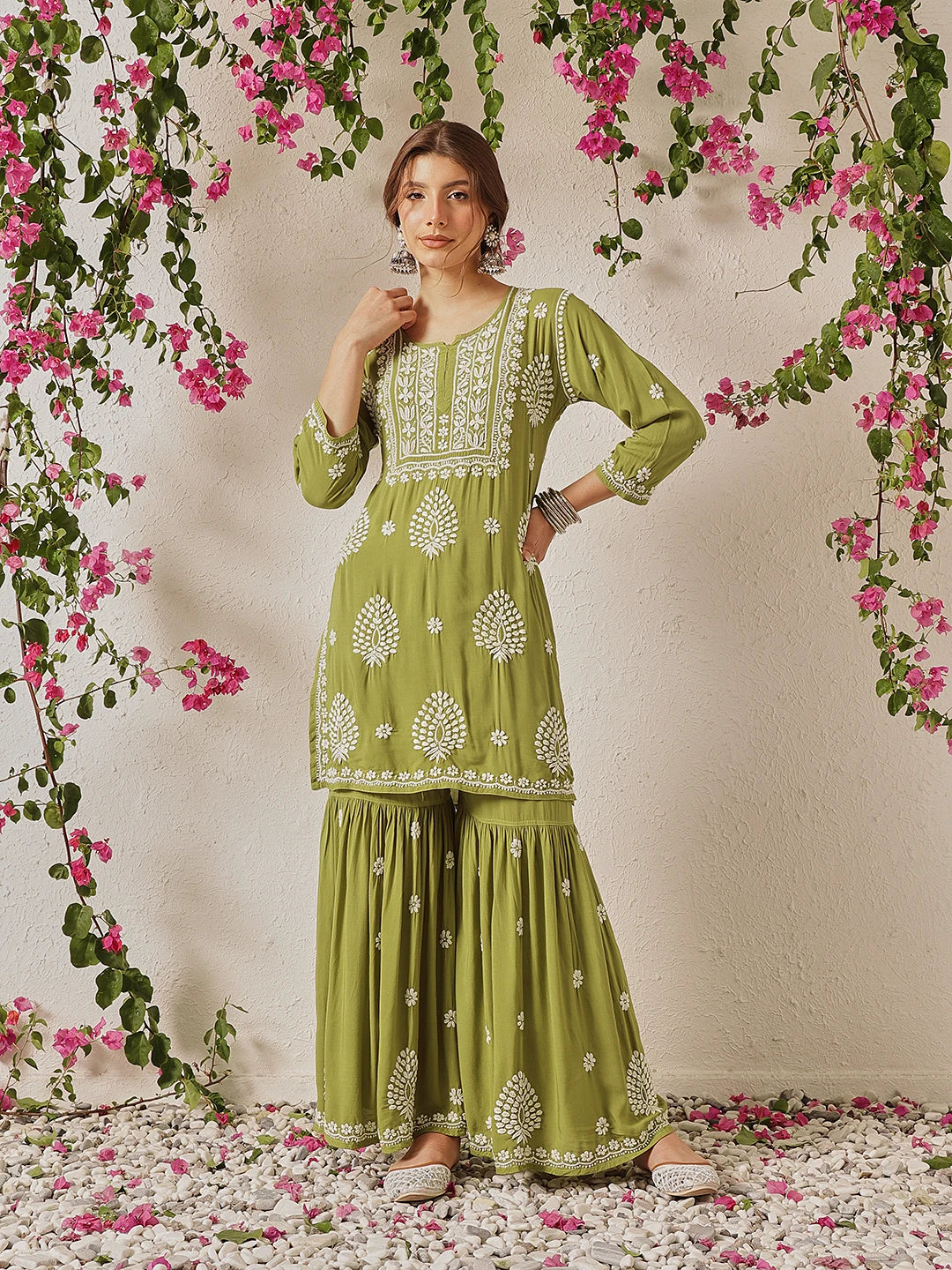 Ada Hand Embroidered Mehendi Green Modal Lucknowi Chikankari Garara Set A811328