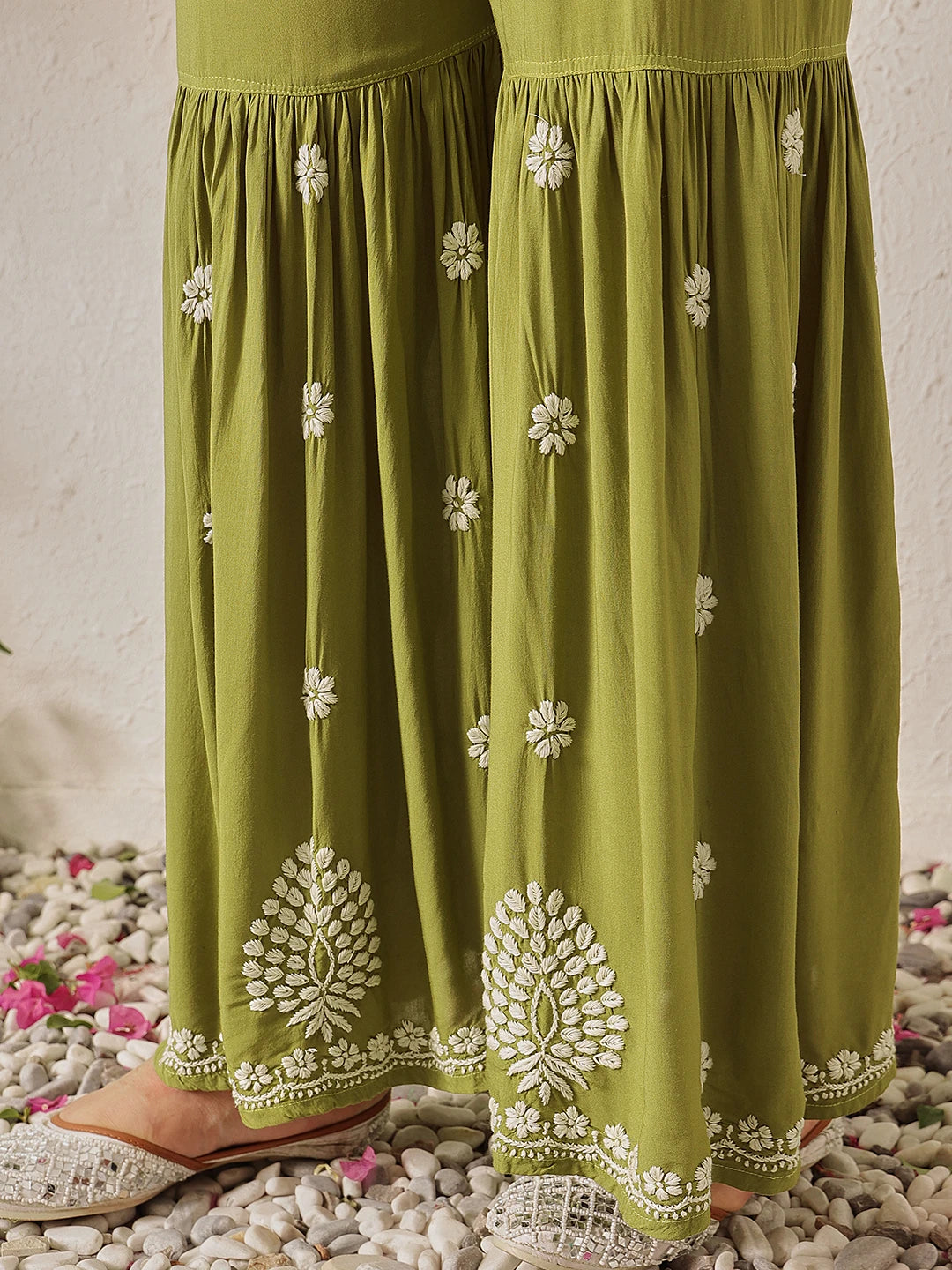 Ada Hand Embroidered Mehendi Green Modal Lucknowi Chikankari Garara Set A811328
