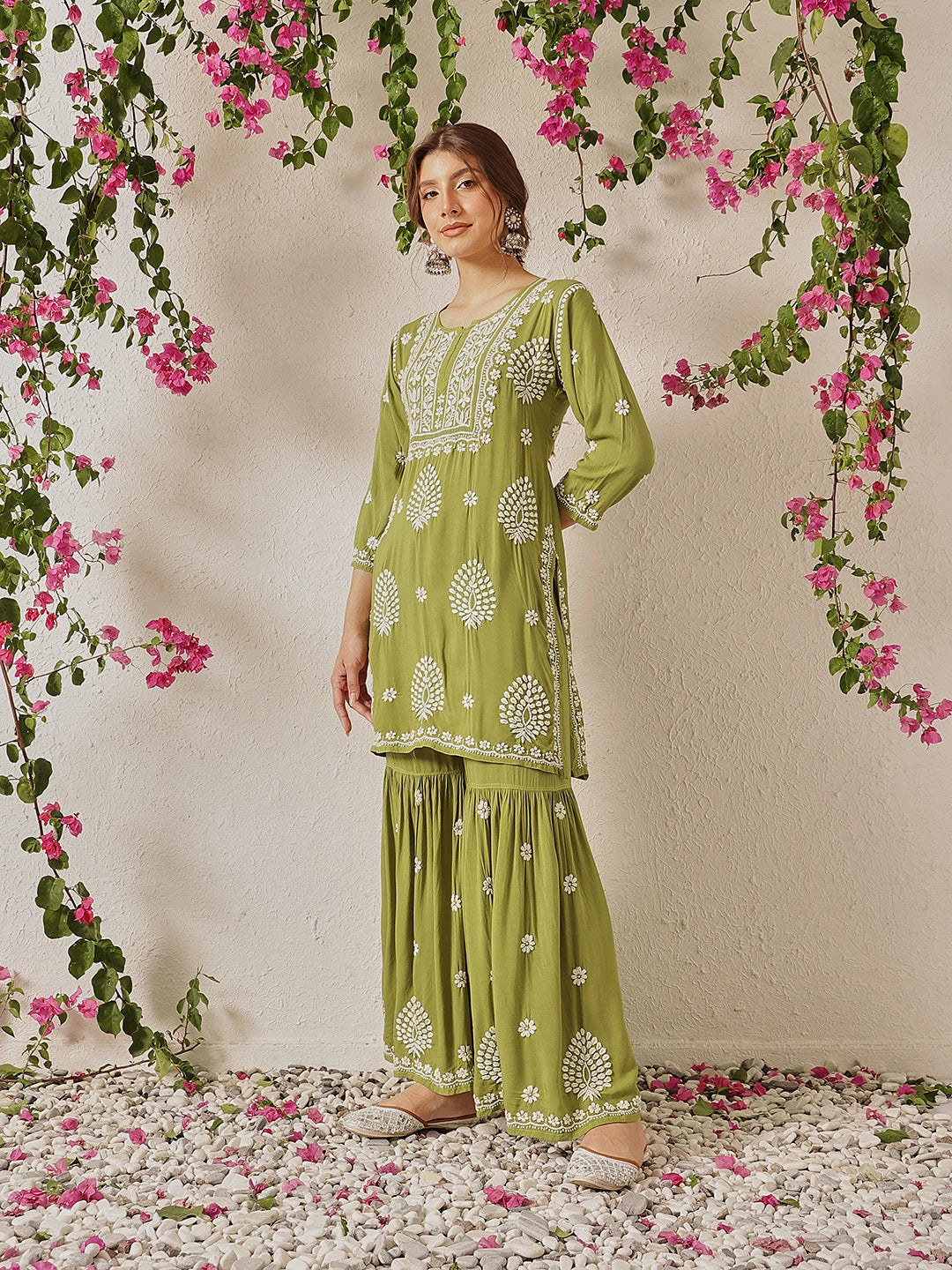 Ada Hand Embroidered Mehendi Green Modal Lucknowi Chikankari Garara Set A811328