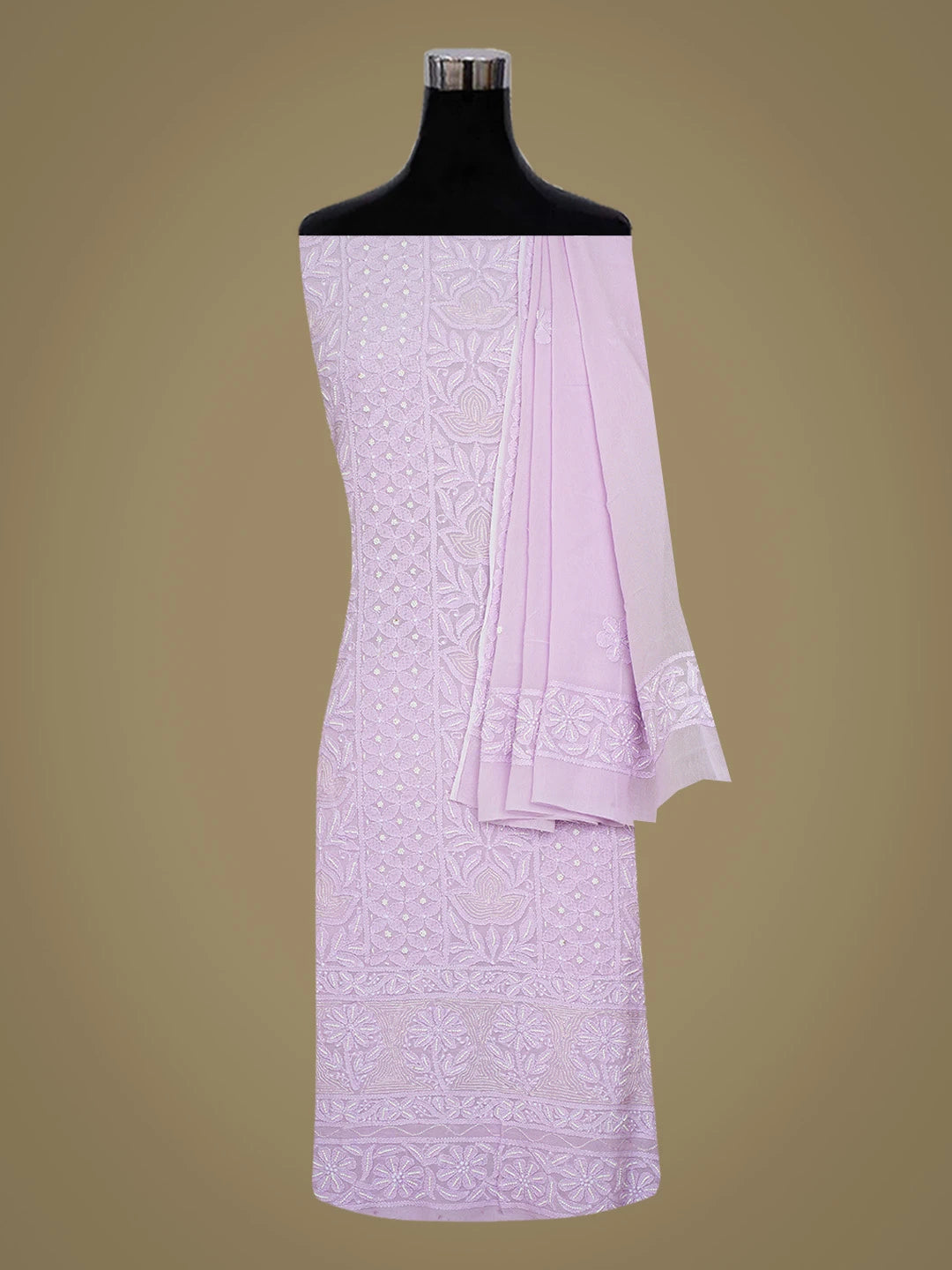 Ada Hand Embroidered Lavender Viscose Georgette Lucknowi Chikankari Unstitched Kurta Dupatta Set With Pearl Work 01A782546