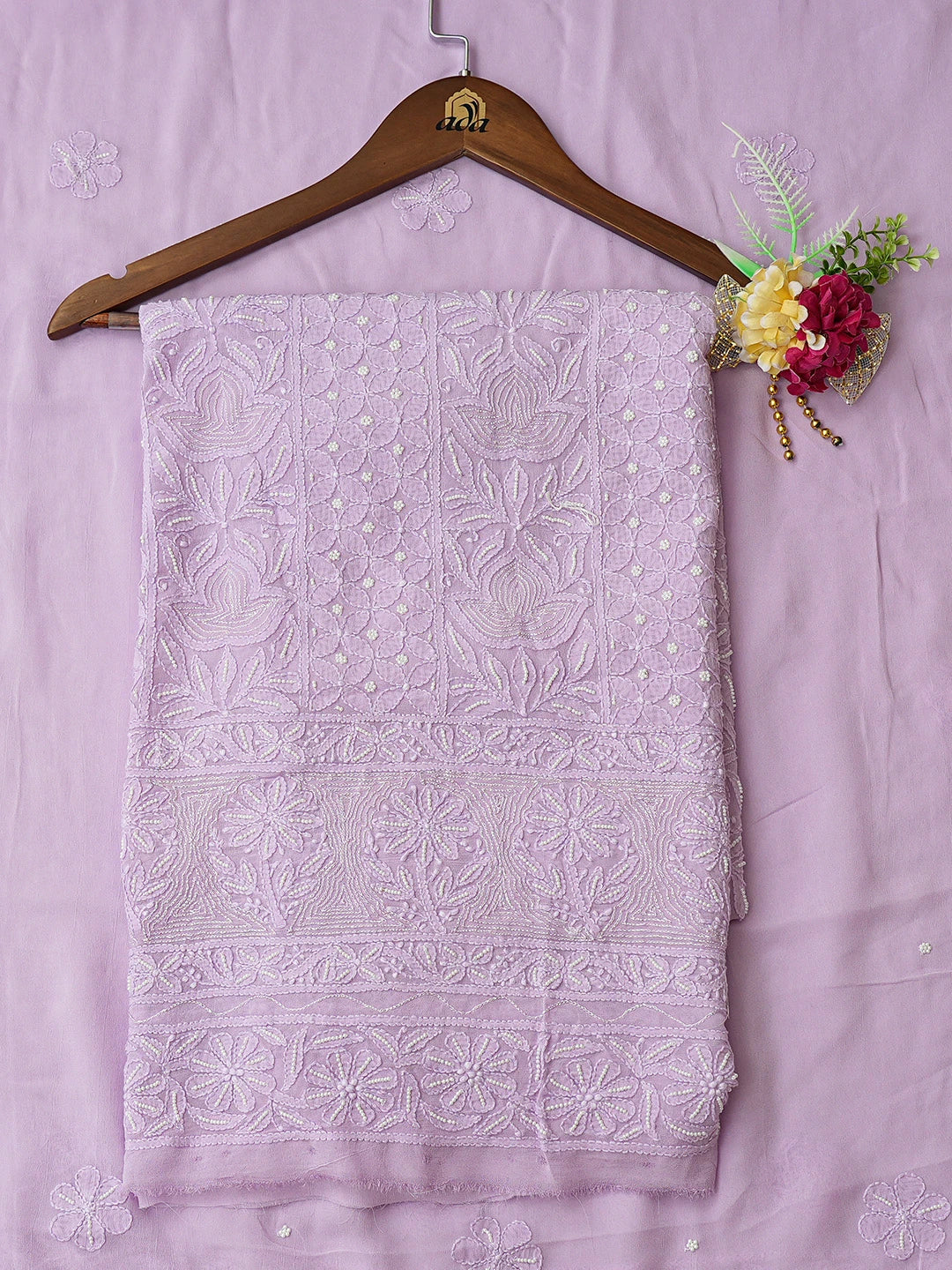 Ada Hand Embroidered Lavender Viscose Georgette Lucknowi Chikankari Unstitched Kurta Dupatta Set With Pearl Work 01A782546